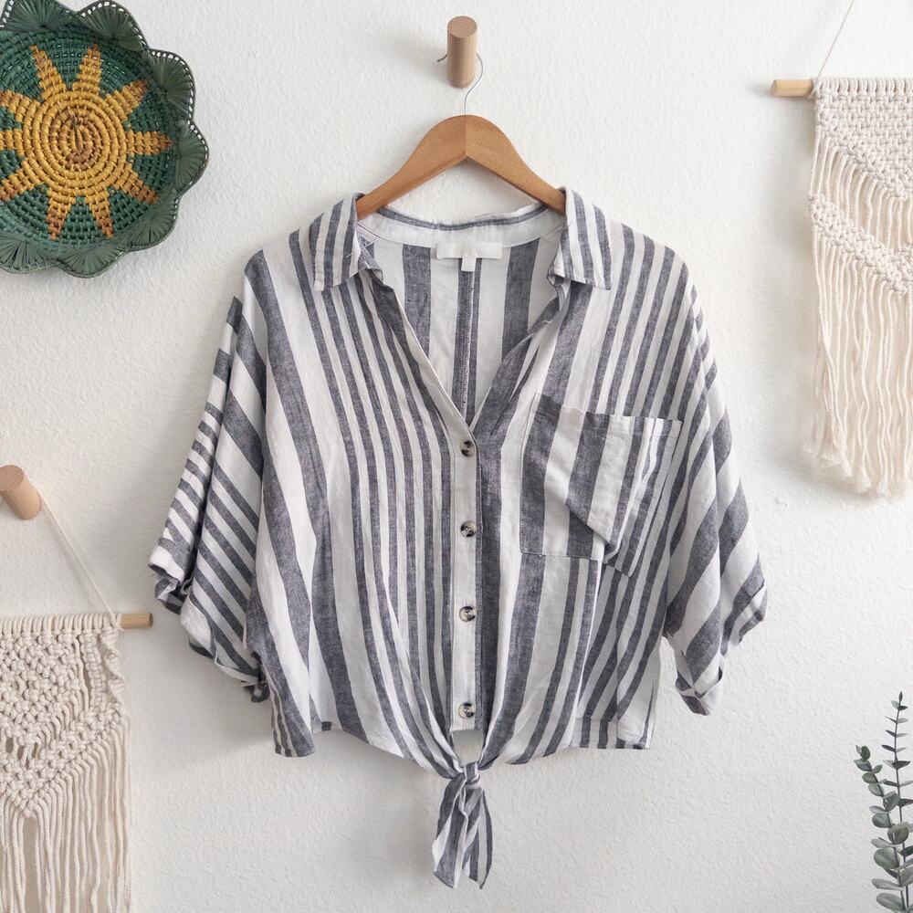 Adyson Parker Stripe Black White Linen Blend Casual Button Down Shirt Size Large